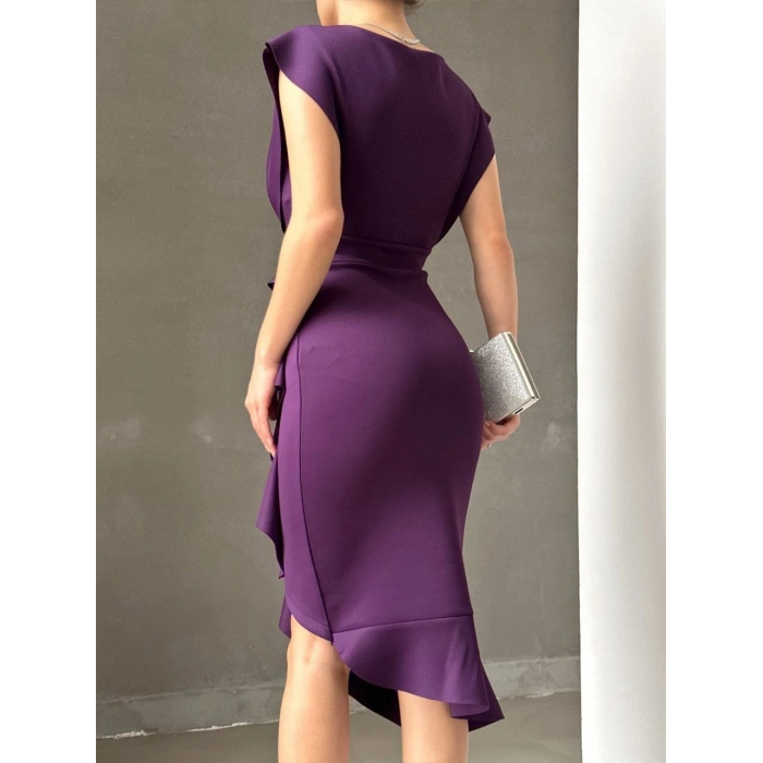 MARSiLYAN- Scuba Kumaş Önü Fırfırlı Midi Boy Elbise