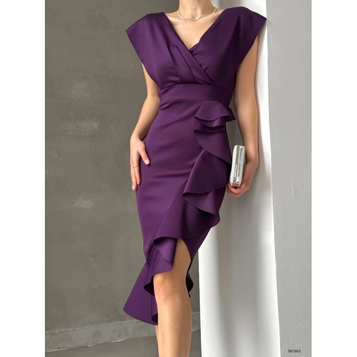 MARSiLYAN- Scuba Kumaş Önü Fırfırlı Midi Boy Elbise