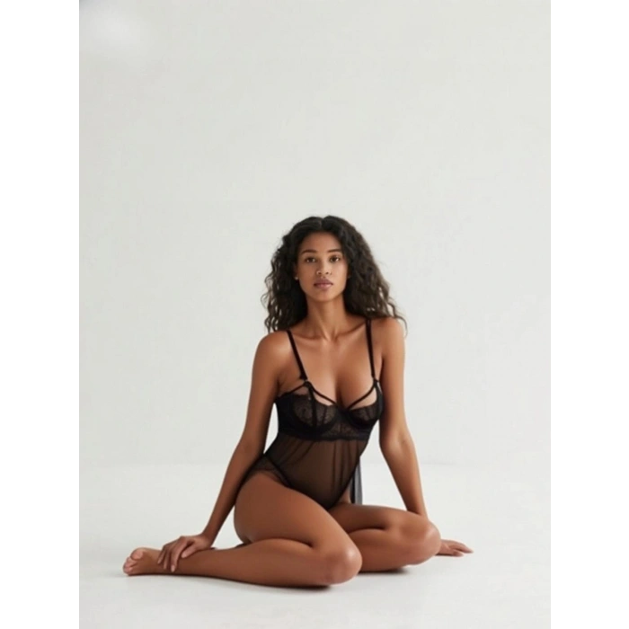 MARSiLYAN-  Şeffaf Tül ve Dantel Detaylı Kadın Gecelik Takımı