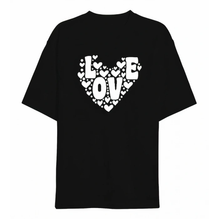 MARSiLYAN- Sevgililer Günü İçin Özel Tasarım Love Kalp Baskılı T-shirt - Siyah