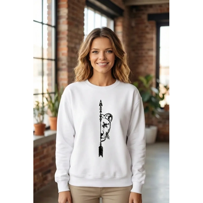 MARSiLYAN- Sevgililer Günü Özel Bisiklet Yaka Aslan Baskılı Oversize Sweatshirt - Beyaz