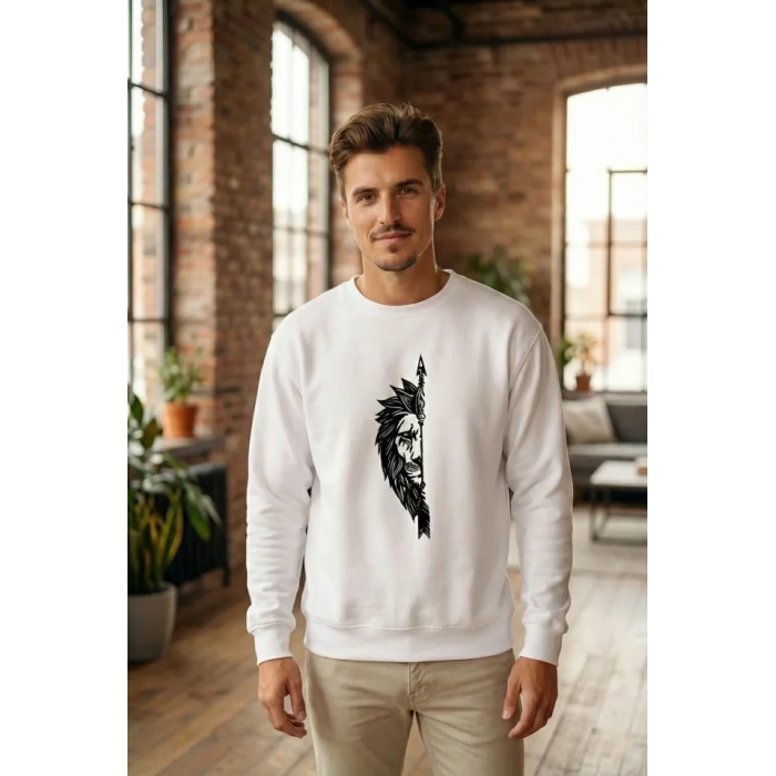 MARSiLYAN- Sevgililer Günü Özel Bisiklet Yaka Aslan Baskılı Oversize Sweatshirt - Beyaz