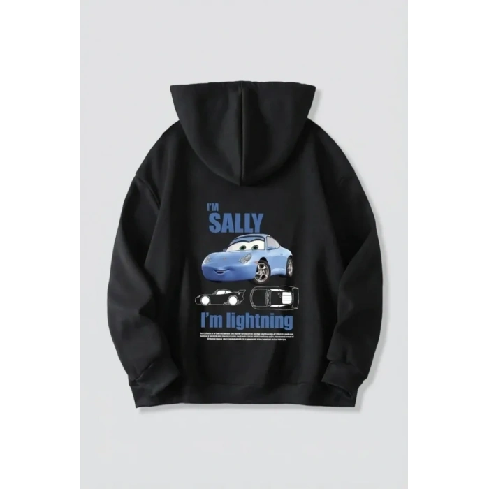 MARSiLYAN- Sevgililer Günü Özel Kapüşonlu Araba Baskılı Oversize Sweatshirt - Siyah