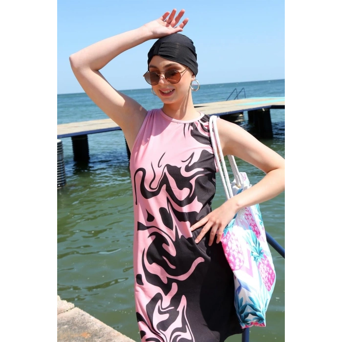 MARSiLYAN- Sıfır Kol Desenli Yarım Tesettür Mayo Mor