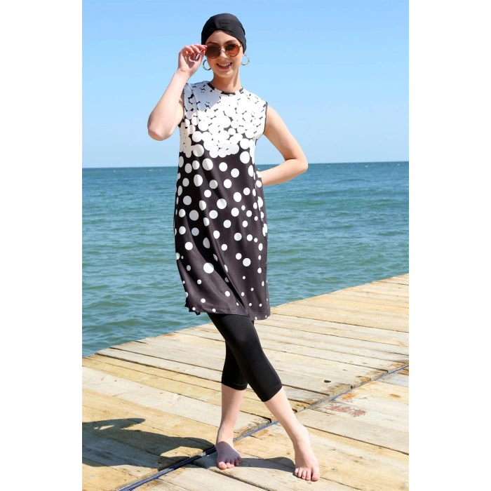 MARSiLYAN- Sıfır Kol Puanlı Yarım Tesettür Mayo Siyah Peyaz Puantiye