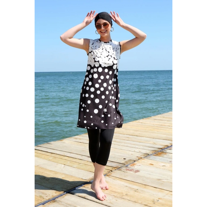 MARSiLYAN- Sıfır Kol Puanlı Yarım Tesettür Mayo Siyah Peyaz Puantiye