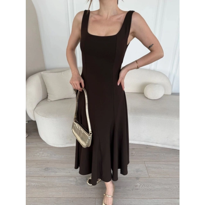 MARSiLYAN- Sırt Dekolteli Kolsuz Uzun Elbise - Kahverengi