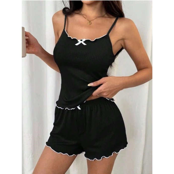 MARSiLYAN-  Siyah Beyaz Kurdelalı Askılı Şortlu Pijama Takımı