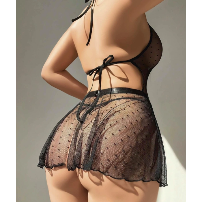 MARSiLYAN-  Siyah Boyundan Bağlamalı Dantel İşlemeli Puantiyeli Tül Fantezi Gecelik