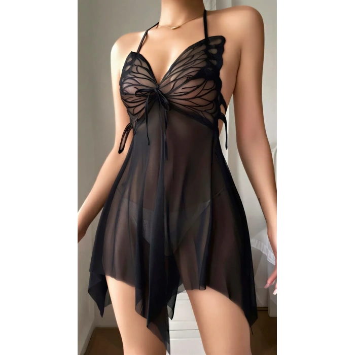 MARSiLYAN-  Siyah Butterfly Lace Kelebek İşlemeli Tül Fantezi Gecelik