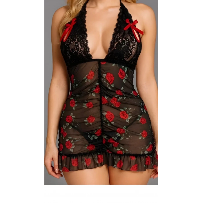 MARSiLYAN-  Siyah Dantel İşlemeli Gül Desenli Mini Fantezi Gecelik Kadın Gecelik