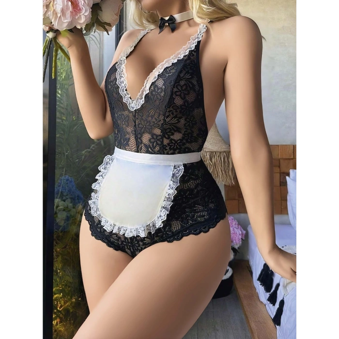 MARSiLYAN-  Siyah Dantel İşlemeli Kurdelalı Fransız Hizmetçi Kostümü