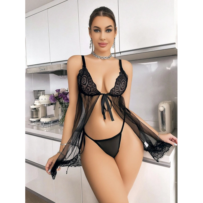 MARSiLYAN-  Siyah Dantel İşlemeli Önden Bağlamalı Fantezi Şık Tül Gecelik