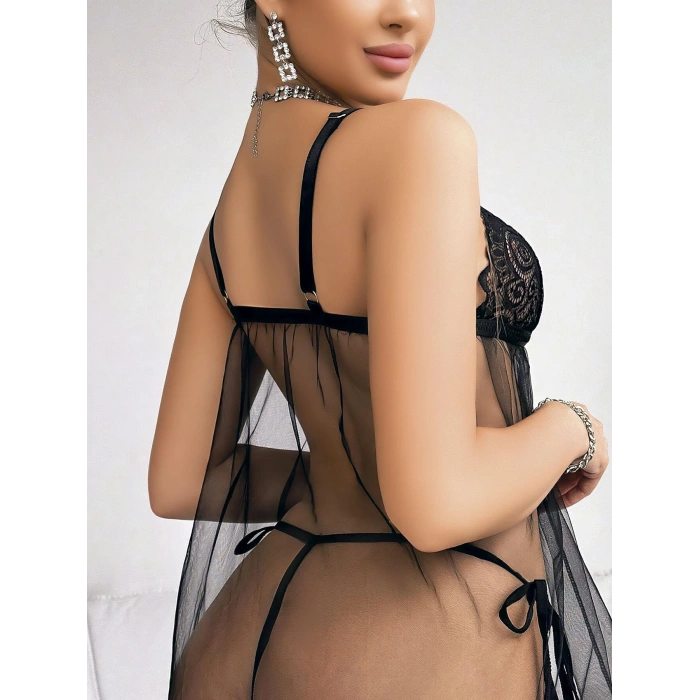 MARSiLYAN-  Siyah Dantel İşlemeli Önden Bağlamalı Fantezi Şık Tül Gecelik