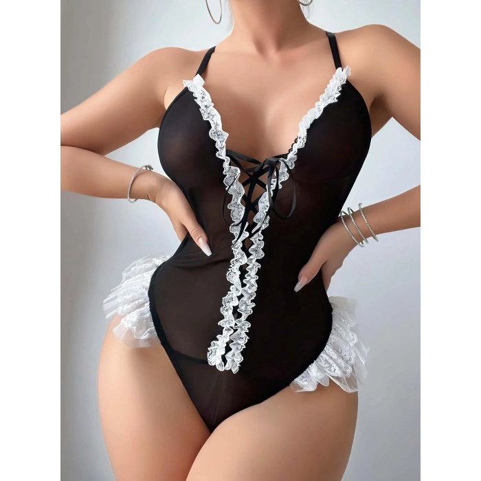 MARSiLYAN-  Siyah Dantel İşlemeli Sırt Dekolteli Fantezi Body
