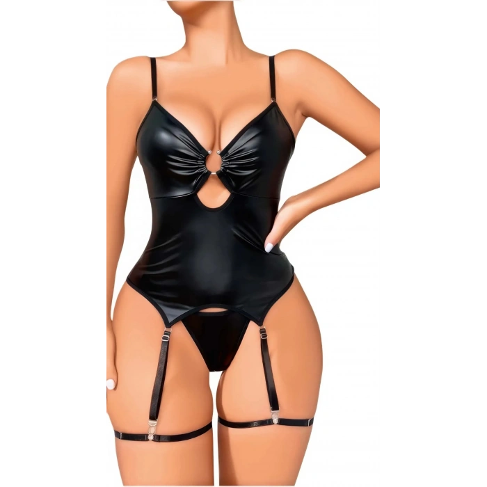 MARSiLYAN-  Siyah Deri Lame Detaylı Seksi Fantezi Body