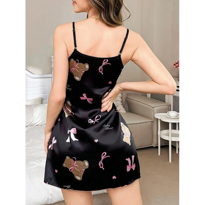 MARSiLYAN-  Siyah İnce Askılı Ayıcık Desenli Saten Mini Gecelik