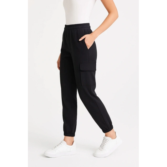 MARSiLYAN- Siyah Jogger Eşofman Altı Rahat Kalıp, Kargo Cepli,  Lastikli Paça, Günlük Spor Pantolon - Siyah