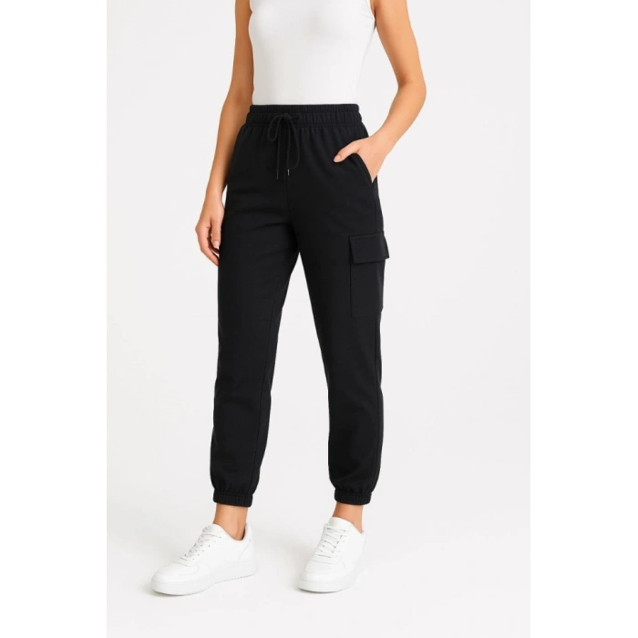 MARSiLYAN- Siyah Jogger Eşofman Altı Rahat Kalıp, Kargo Cepli,  Lastikli Paça, Günlük Spor Pantolon - Siyah