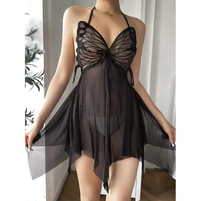 MARSiLYAN-  Siyah Kelebek İşlemeli Tül Fantezi Gecelik