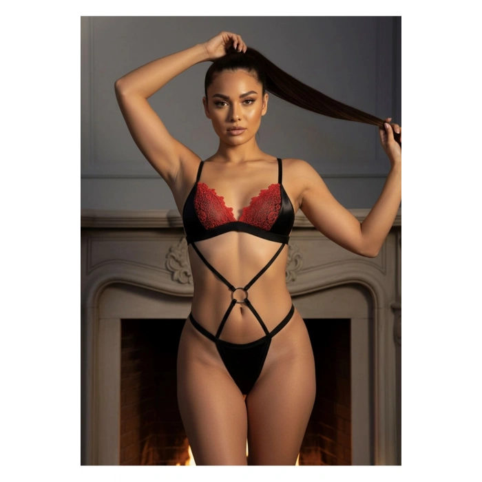 MARSİLYAN- Siyah Kırmızı Sütyen Takım - 6585