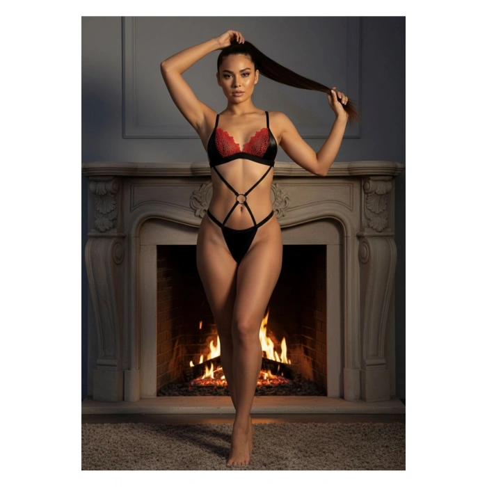 MARSİLYAN- Siyah Kırmızı Sütyen Takım - 6585