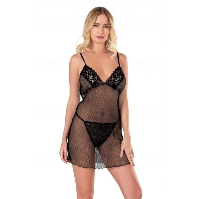 MARSiLYAN-  Siyah Kısa File-Tül Gecelik 8124