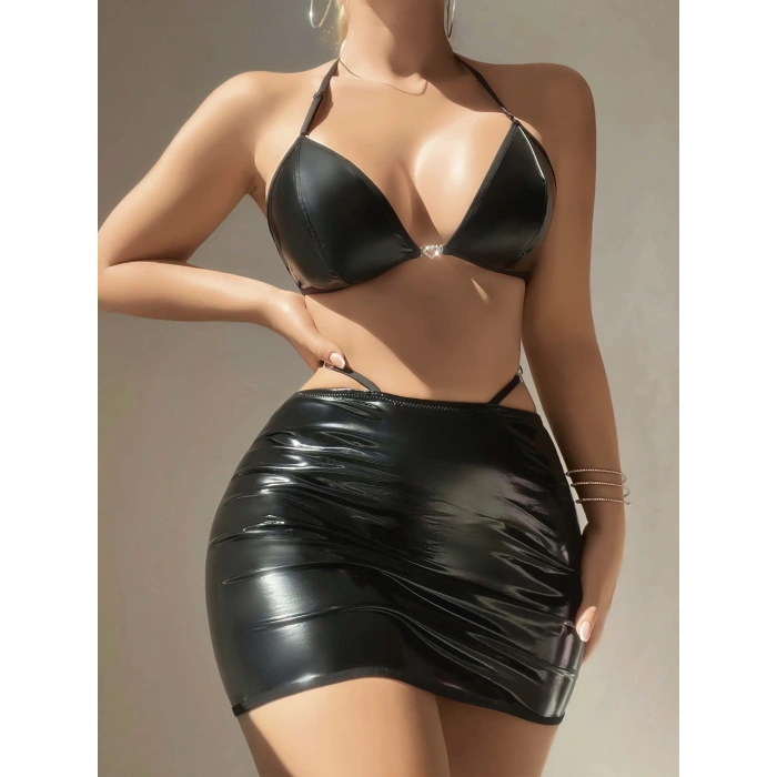 MARSiLYAN-  Siyah Lame Arkası İp Detaylı Fantezi Deri Etekli Sütyen Takımı