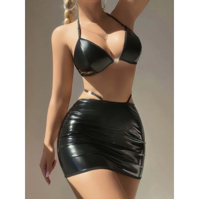 MARSiLYAN-  Siyah Lame Arkası İp Detaylı Fantezi Deri Etekli Sütyen Takımı