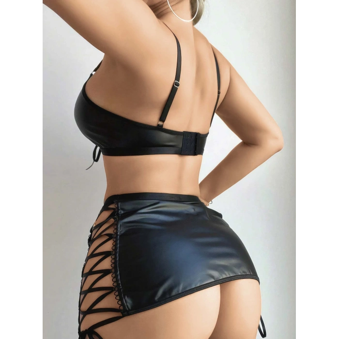 MARSiLYAN-  Siyah Lame İp Detaylı Etekli Fantezi Deri Jartiyer Takımı