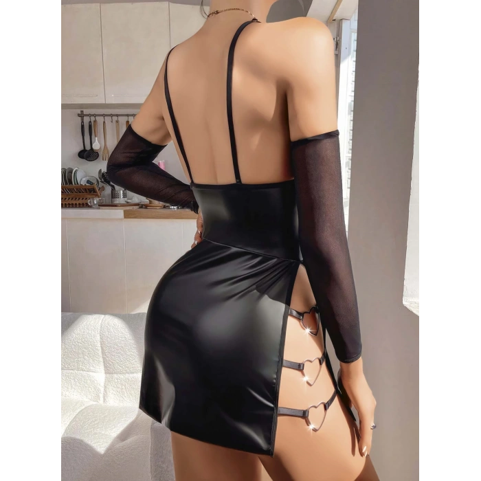 MARSiLYAN-  Siyah Lame Yanları Kalp Detaylı Fantezi Deri Gecelik