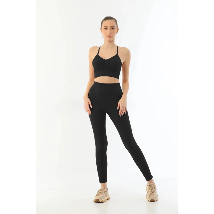 MARSiLYAN-  Siyah MI Emay 3921 Soft Seamless Ripli Tayt Yoga Takımı