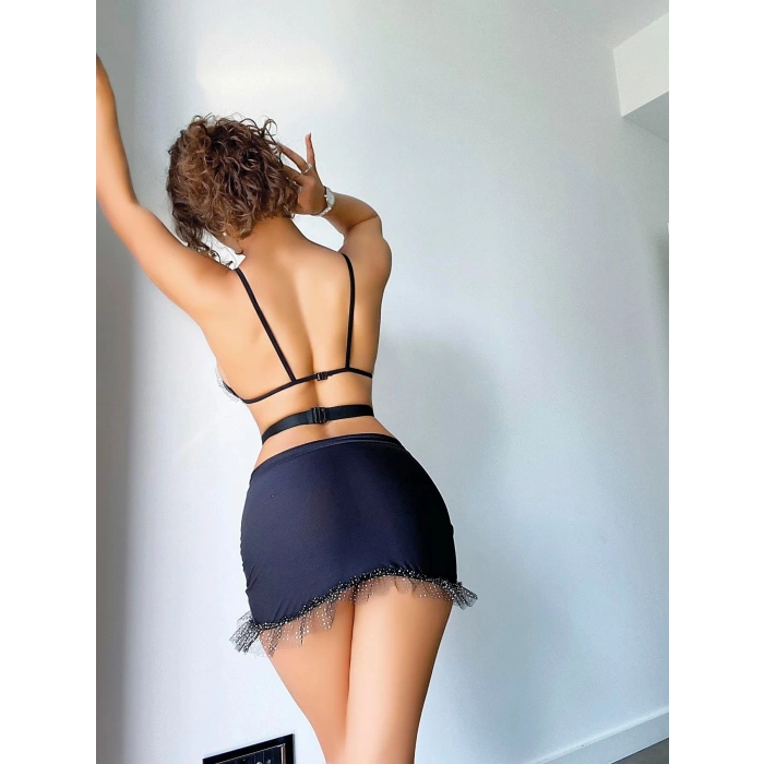 MARSiLYAN-  Siyah Mini Tül Detaylı Fantezi Elbise