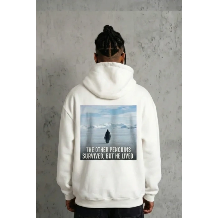 MARSiLYAN- Siyah Oversize Hoodie - Sırt Baskılı Survivor Penguin Temalı, Felsefi Yazılı Kapüşonlu Sweatshirt - Beyaz