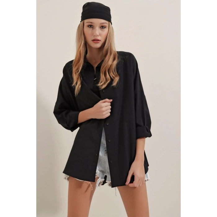 MARSiLYAN- Siyah Oversize Uzun Basic Gömlek 3900