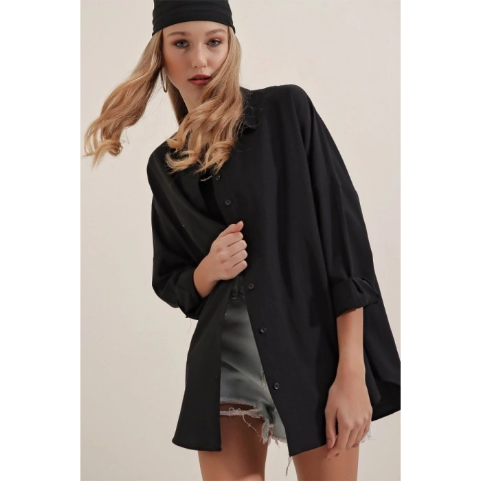 MARSiLYAN- Siyah Oversize Uzun Basic Gömlek 3900