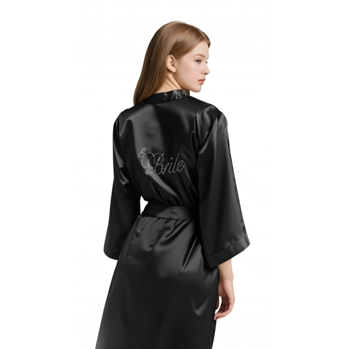 MARSiLYAN-  Siyah Saten Bride Sabahlık Zarif Kadın Ev Giyim