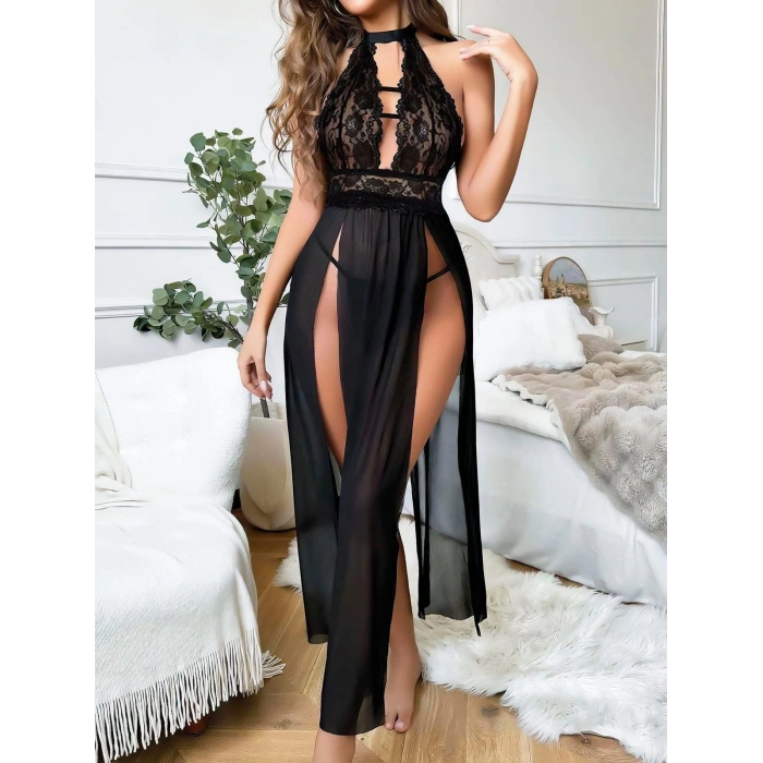 MARSiLYAN- Siyah Uzun Derin Dekolteli Dantel Fantezi Gecelik