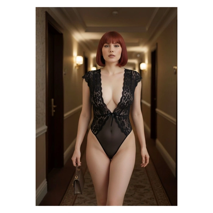 MARSİLYAN- Siyah Yarım Kol Dantel Bodysuit - 895