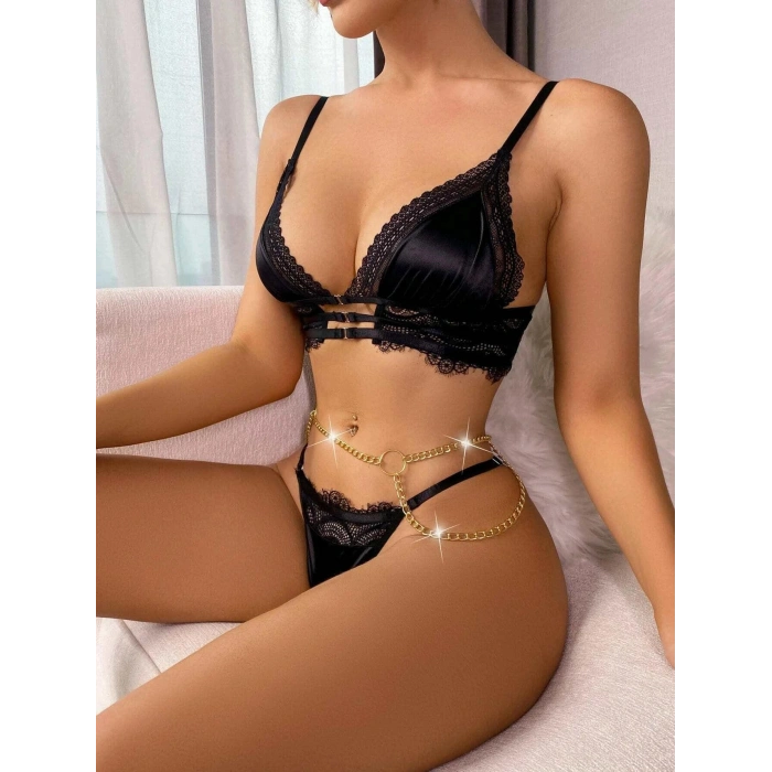MARSiLYAN- Siyah Zincir Detaylı Fantezi Sütyen Takımı