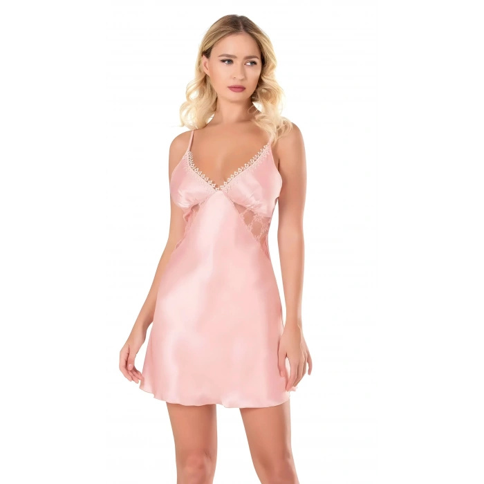 MARSiLYAN-  Somon Saten Mini Gecelik Zarif Kadın Gece Elbisesi