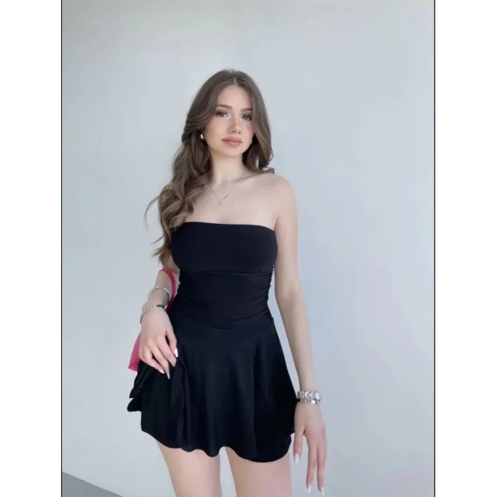 MARSiLYAN- Straplez Mini Etek Görünümlü Şortlu Elbise Büzgülü Şık Yazlık - Siyah