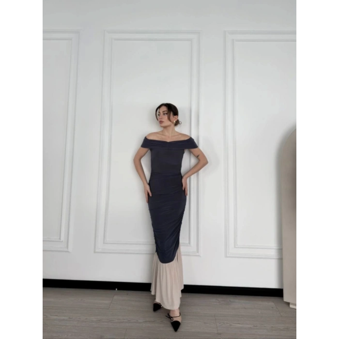 MARSiLYAN- Striptiz Omuzlu Uzun Elbise- Füme