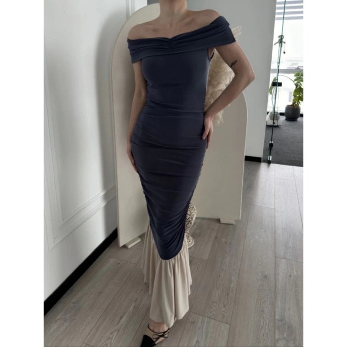 MARSiLYAN- Striptiz Omuzlu Uzun Elbise- Füme