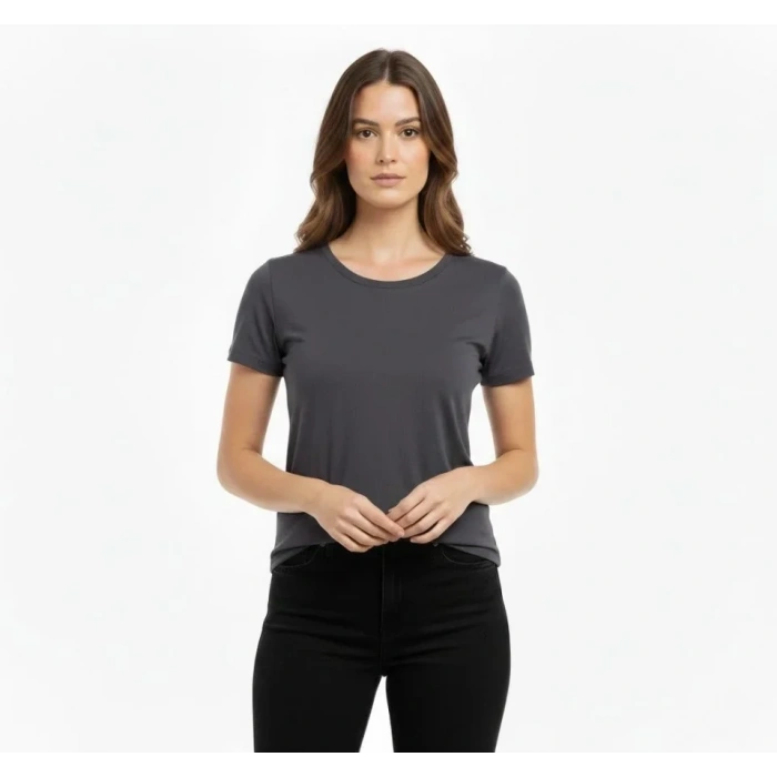 MARSiLYAN- T-Shirt Bisiklet Yaka Slim Fit Likralı Tişört Günlük Basic Body - Füme