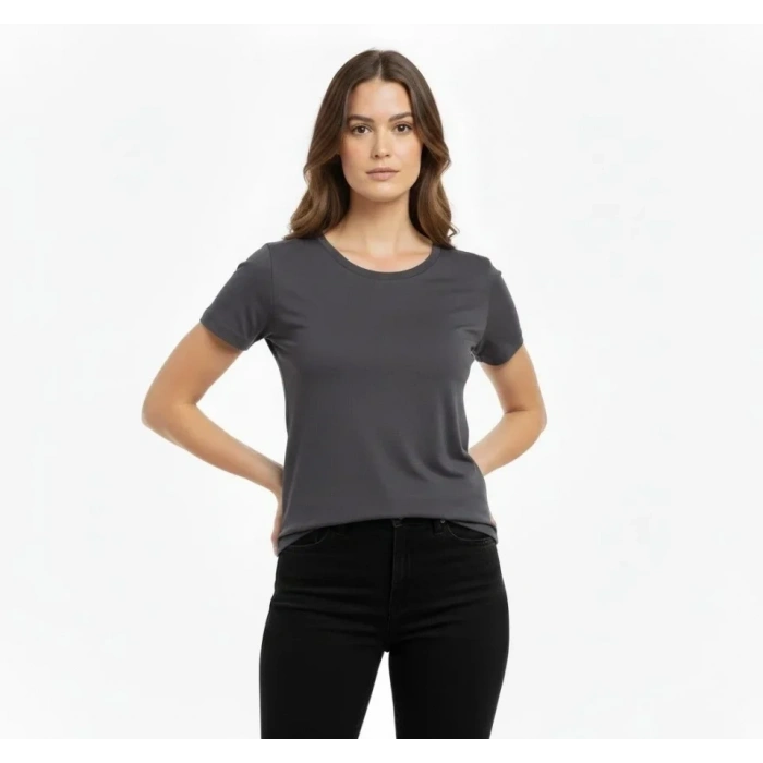 MARSiLYAN- T-Shirt Bisiklet Yaka Slim Fit Likralı Tişört Günlük Basic Body - Füme