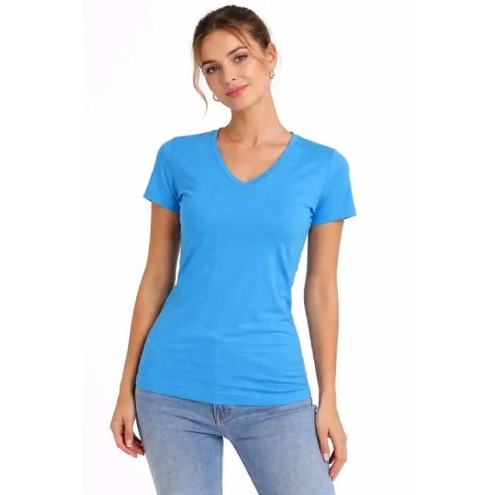 MARSiLYAN- T-Shirt V Yaka Slim Fit Likralı Tişört Günlük Basic Body - Açık Mavi