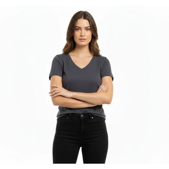 MARSiLYAN- T-Shirt V Yaka Slim Fit Likralı Tişört Günlük Basic Body - Füme