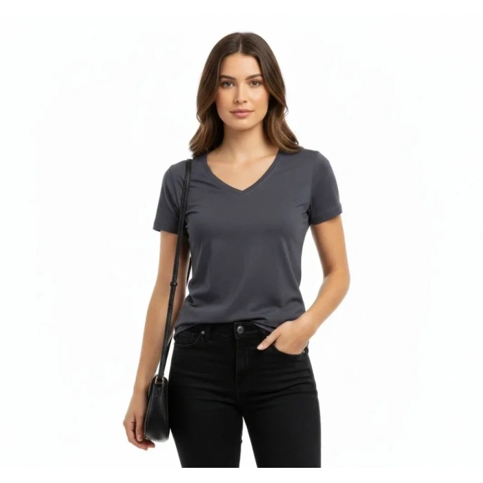 MARSiLYAN- T-Shirt V Yaka Slim Fit Likralı Tişört Günlük Basic Body - Füme