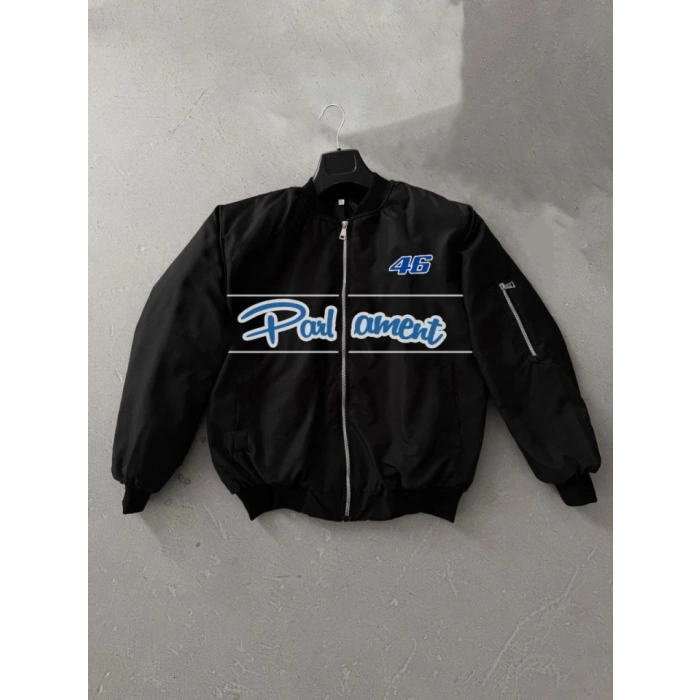 MARSiLYAN- Tam Kalıp Uzun Kol Baskılı Bomber Ceket - Siyah